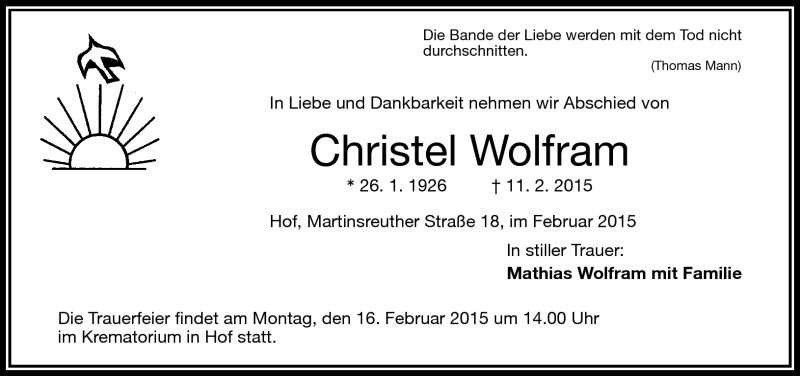  Traueranzeige für Christel Wolfram vom 14.02.2015 aus Frankenpost