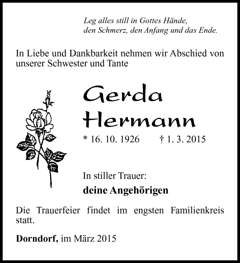  Traueranzeige für Gerda Hermann vom 10.03.2015 aus Südthüringer Presse