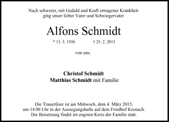 Traueranzeige von Alfons Schmidt von Neue Presse Coburg