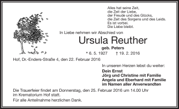 Traueranzeige von Ursula Reuther von Frankenpost