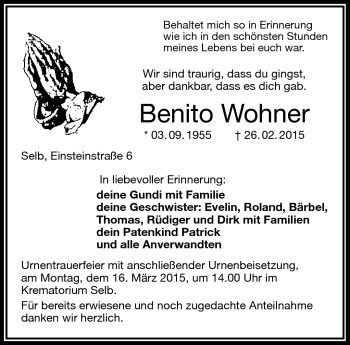Traueranzeige von Benito Wohner von Frankenpost