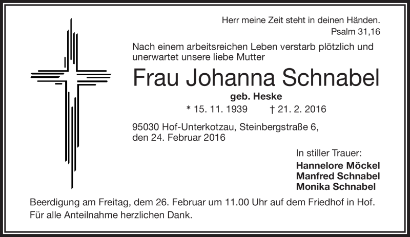  Traueranzeige für Johanna Schnabel vom 24.02.2016 aus Frankenpost