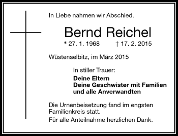 Traueranzeige von Bernd Reichel von Frankenpost