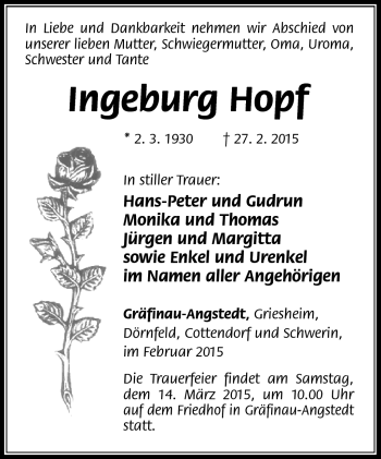 Traueranzeige von Ingeburg Hopf von Südthüringer Presse