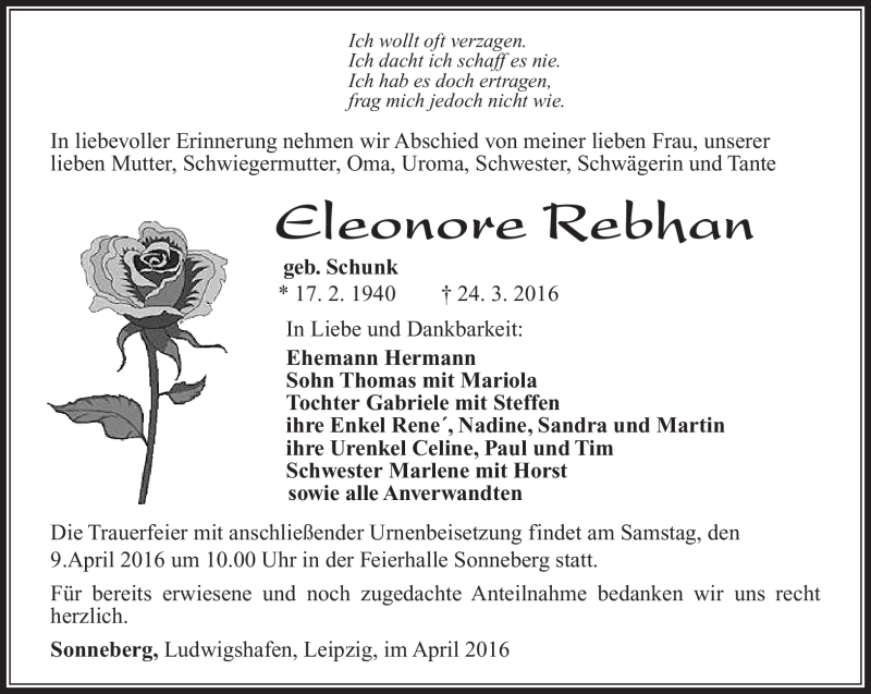  Traueranzeige für Eleonore Rebhan vom 02.04.2016 aus Südthüringer Presse