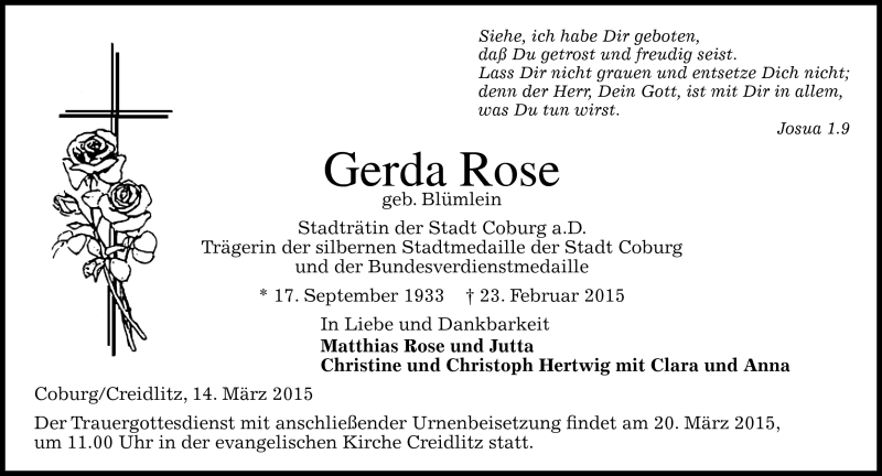  Traueranzeige für Gerda Rose vom 14.03.2015 aus Neue Presse Coburg