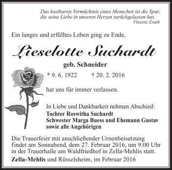 Traueranzeige von Lieselotte Suchardt von Südthüringer Presse