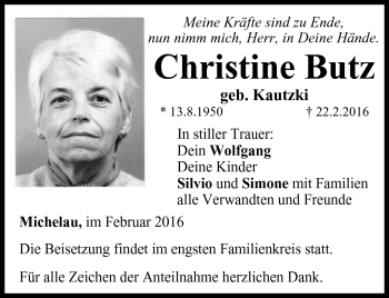 Traueranzeige von Christine Butz von Südthüringer Presse