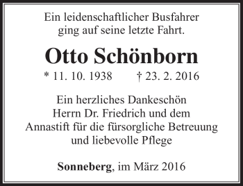 Traueranzeige von Otto Schönborn von Südthüringer Presse