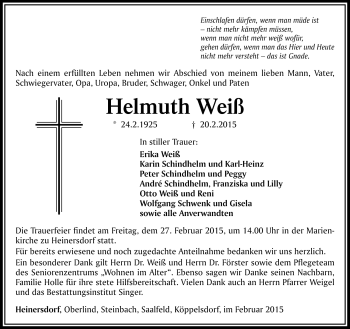 Traueranzeige von Helmuth Weiß von Südthüringer Presse