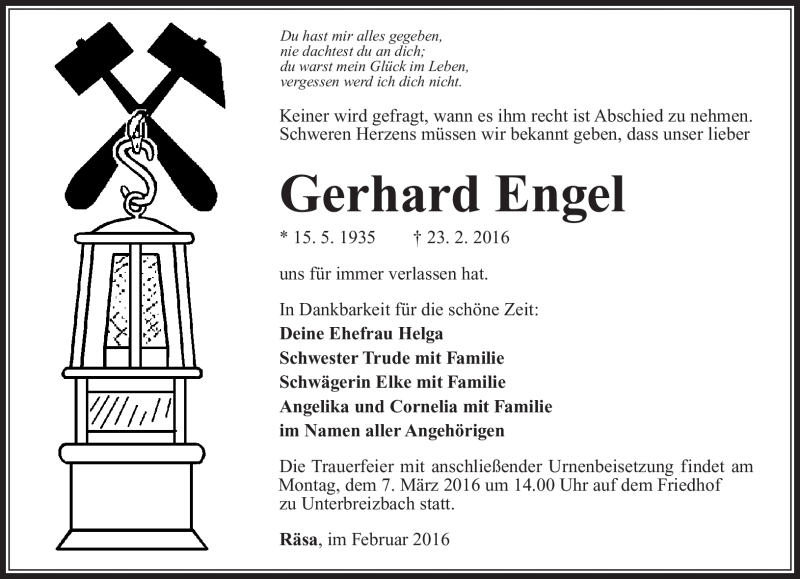  Traueranzeige für Gerhard Engel vom 04.03.2016 aus Südthüringer Presse