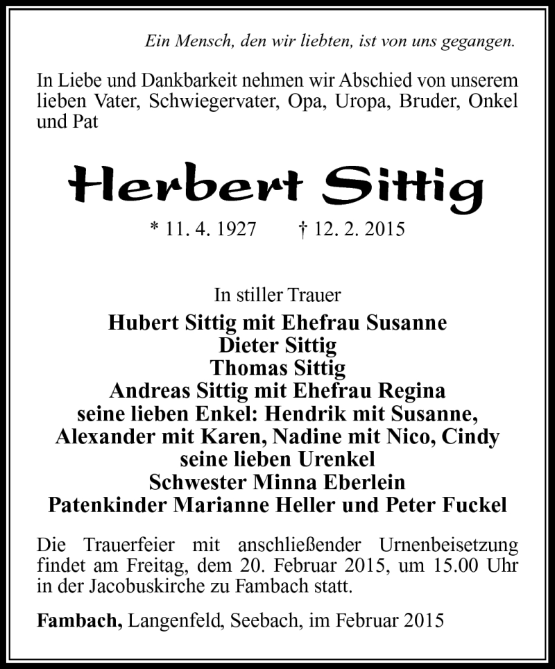  Traueranzeige für Herbert Sittig vom 18.02.2015 aus Südthüringer Presse