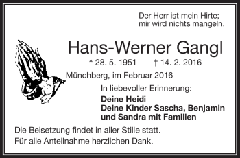 Traueranzeige von Hans-Werner Gangl von Frankenpost