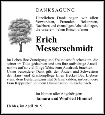 Traueranzeige von Erich Messerschmidt von Südthüringer Presse