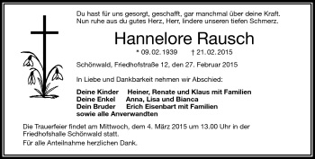 Traueranzeige von Hannelore Rausch von Frankenpost