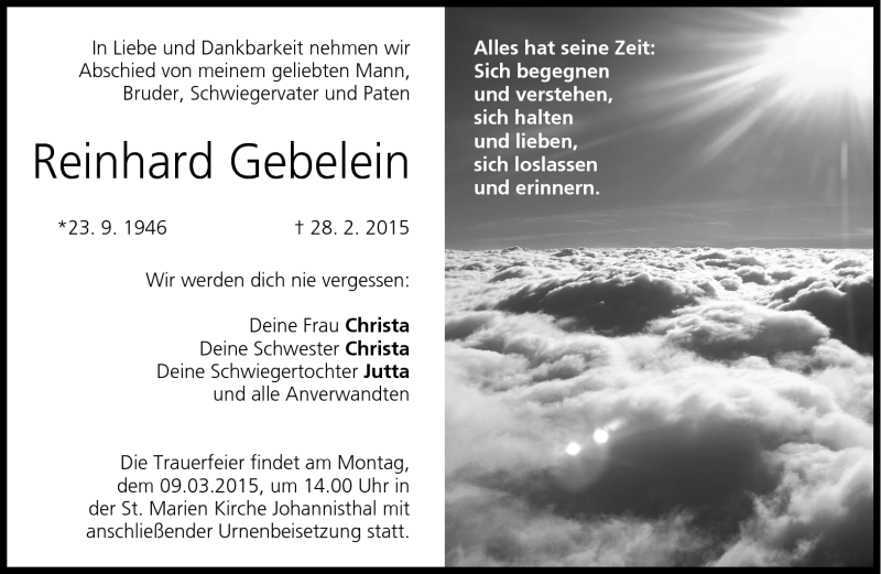  Traueranzeige für Reinhard Gebelein vom 06.03.2015 aus Neue Presse Coburg