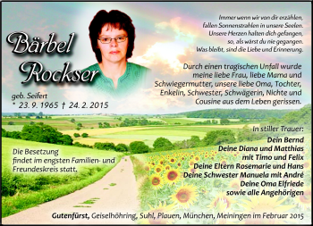 Traueranzeige von Bärbel Rockser von Südthüringer Presse