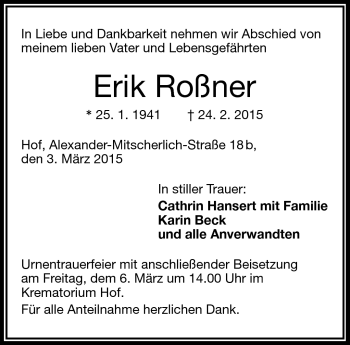Traueranzeige von Erik Roßner von Frankenpost