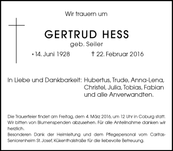 Traueranzeige von Gertrud Hess von Neue Presse Coburg