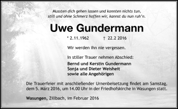 Traueranzeige von Uwe Gundermann von Südthüringer Presse