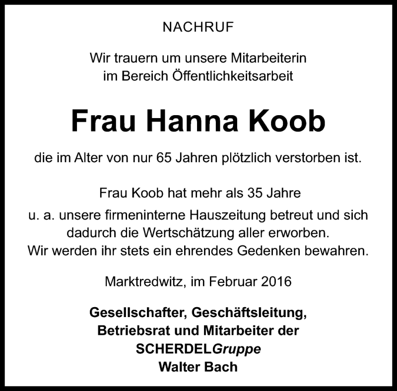  Traueranzeige für Hannah Koob vom 13.02.2016 aus Frankenpost