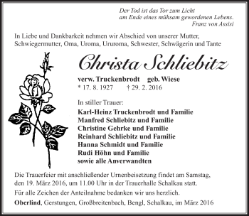 Traueranzeige von Christa Schliebitz von Südthüringer Presse