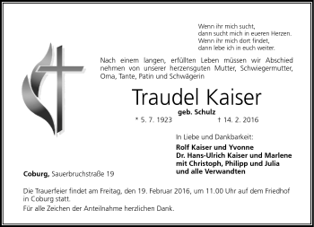 Traueranzeige von Traudel Kaiser von Neue Presse Coburg