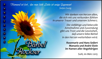 Traueranzeige von Bärbel Rocksa von Südthüringer Presse