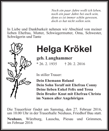 Traueranzeige von Helga Krökel von Südthüringer Presse