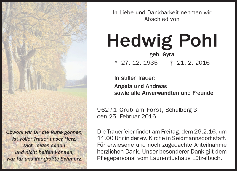  Traueranzeige für Hedwig Pohl vom 25.02.2016 aus Neue Presse Coburg