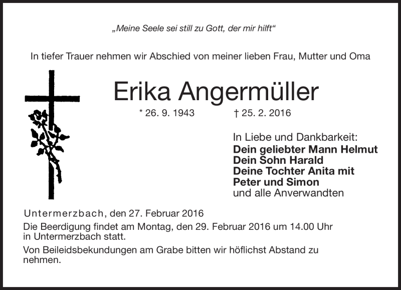  Traueranzeige für Erika Angermüller vom 27.02.2016 aus Neue Presse Coburg