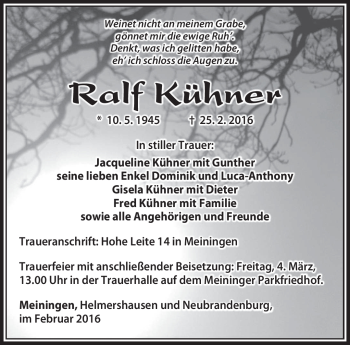 Traueranzeige von Ralf Kühner von Südthüringer Presse