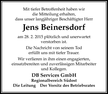 Traueranzeige von Jens Beinersdorf von Südthüringer Presse
