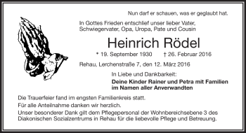 Traueranzeige von Heinrich Rödel von Frankenpost