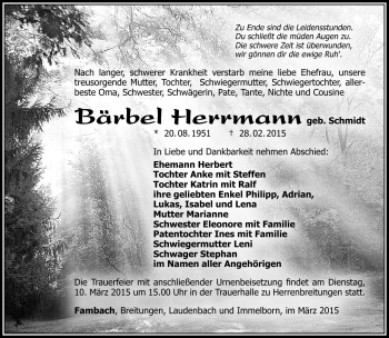 Traueranzeige von Bärbel Herrmann von Südthüringer Presse