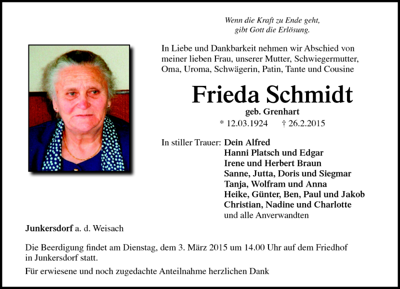  Traueranzeige für Frieda Schmidt vom 02.03.2015 aus Neue Presse Coburg