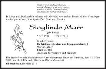 Traueranzeige von Sieglinde Marr von Südthüringer Presse