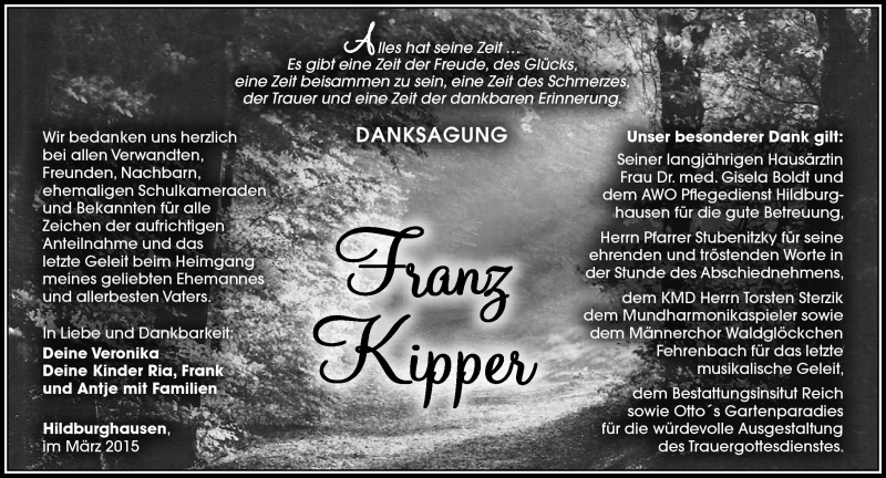  Traueranzeige für Franz Kipper vom 14.03.2015 aus Südthüringer Presse