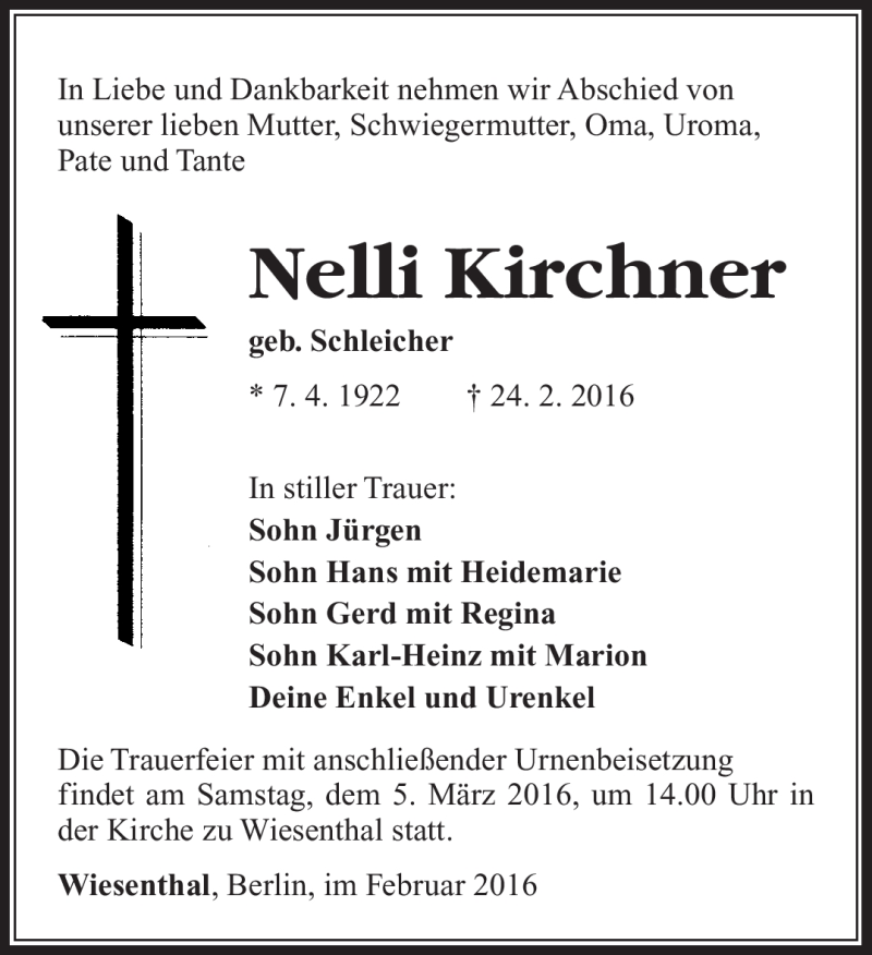  Traueranzeige für Nelli Kirchner vom 02.03.2016 aus Südthüringer Presse