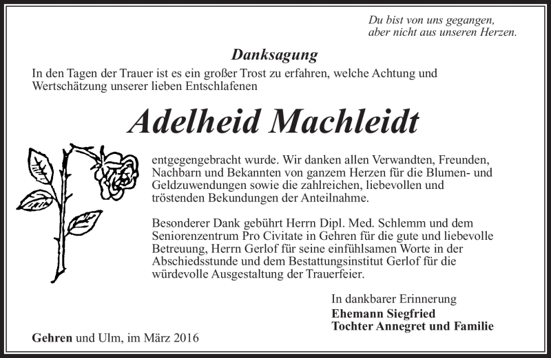  Traueranzeige für Adelheid Machleidt vom 12.03.2016 aus Südthüringer Presse