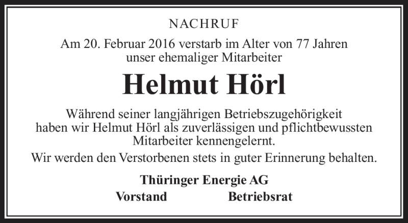  Traueranzeige für Helmut Hörl vom 10.03.2016 aus Südthüringer Presse