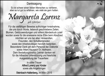 Traueranzeige von Margareta Lorenz von Südthüringer Presse