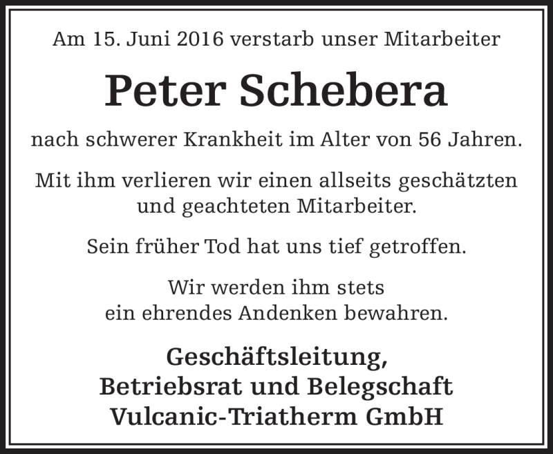  Traueranzeige für Peter Schebera vom 25.06.2016 aus Südthüringer Presse