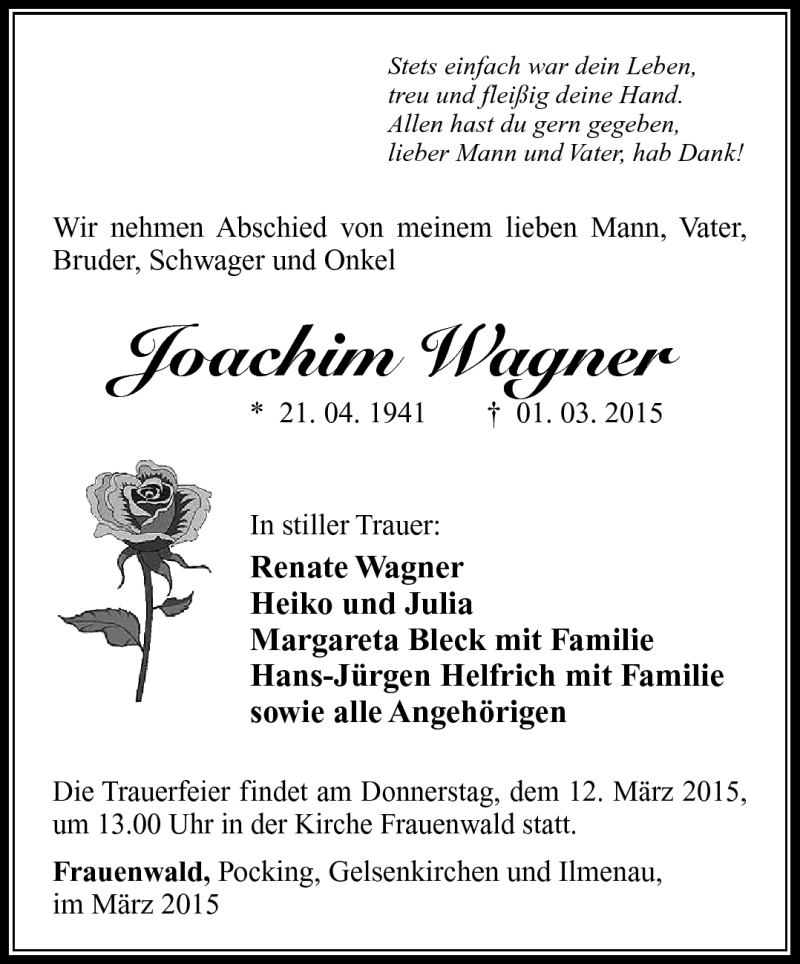  Traueranzeige für Joachim Wagner vom 06.03.2015 aus Südthüringer Presse