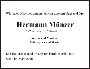 Traueranzeige von Hermann Münzer von Südthüringer Presse