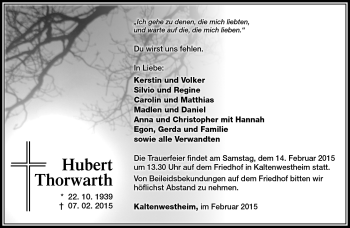 Traueranzeige von Hubert Thorwarth von Südthüringer Presse
