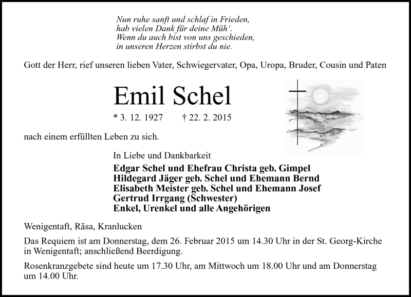  Traueranzeige für Emil Schel vom 24.02.2015 aus Südthüringer Presse