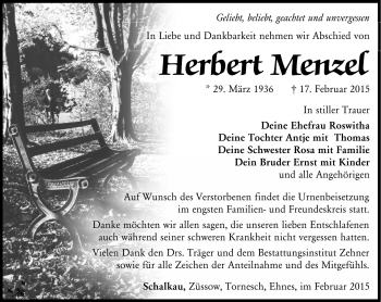 Traueranzeige von Herbert Menzel von Südthüringer Presse