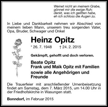 Traueranzeige von Heinz Opitz von Südthüringer Presse