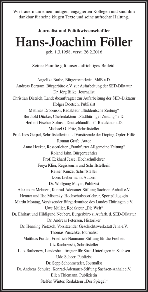 Traueranzeige für Hans-Joachim Föller vom 05.03.2016 aus Südthüringer Presse